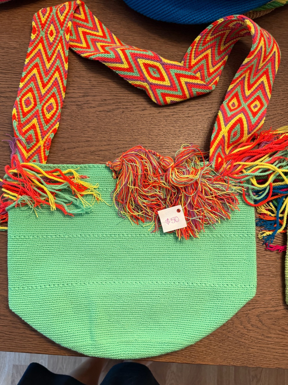 Mint Green Handwoven Tote with Vibrant Multicolor Strap
